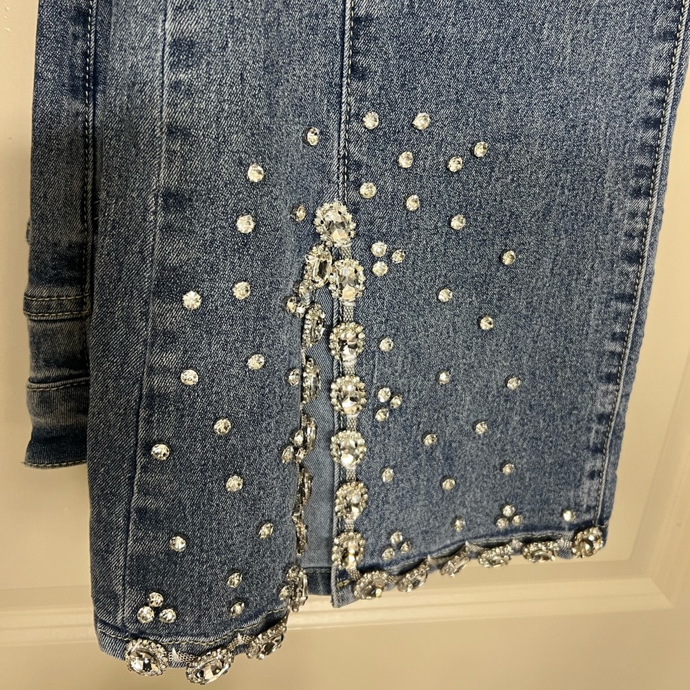A.Z.I Blue Jewel & Rhinestone Embellished Flare Front Slit Jeans - 12 - Picture 9 of 11